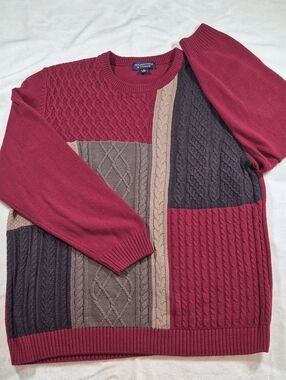 Roundtree & Yorke Patchwork Cable Crewneck Sweater - Burgundy, Brown, Tan